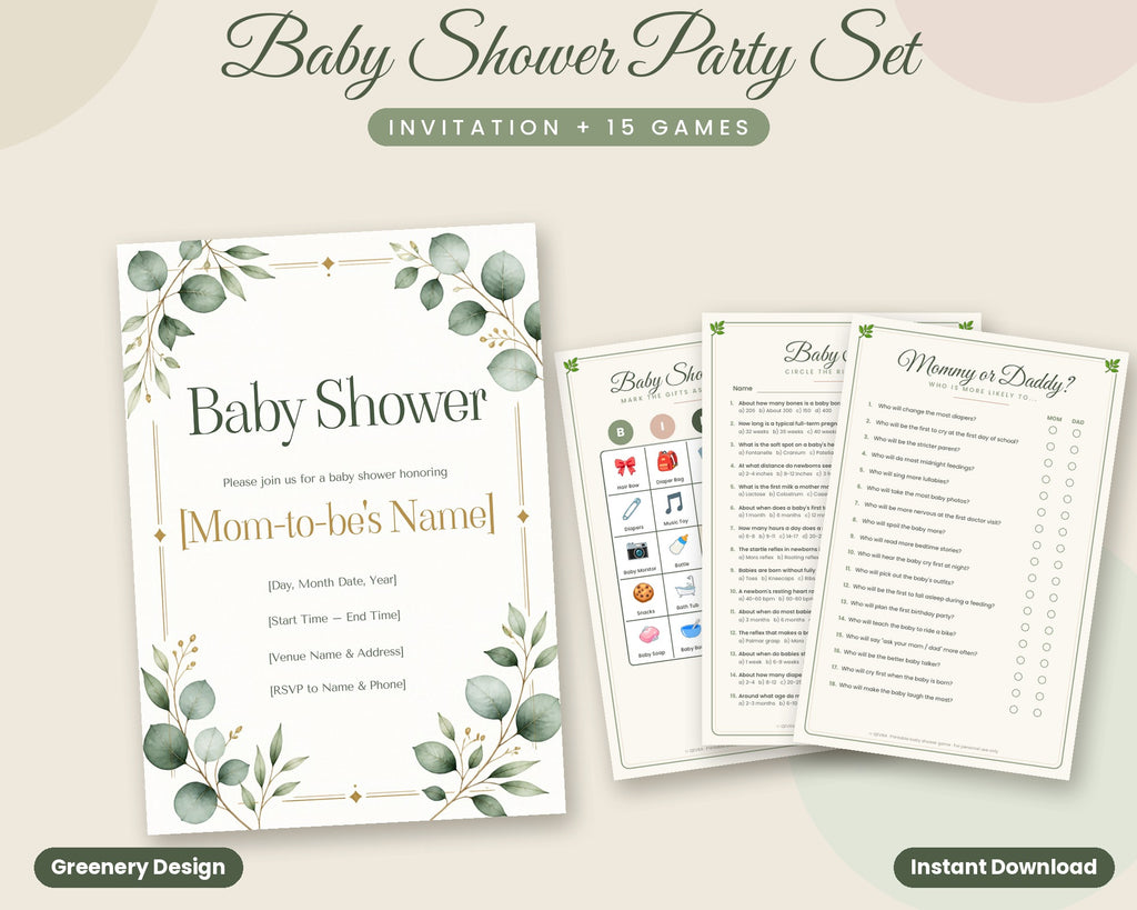 Greenery Baby Shower Party Set – Fillable Invitation + 15 Printable Games (Sage Green)