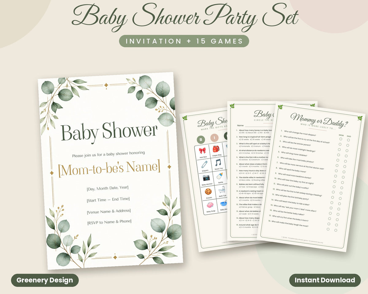 Greenery Baby Shower Party Set – Fillable Invitation + 15 Printable Games (Sage Green)