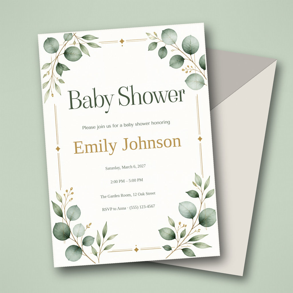 Greenery Baby Shower Party Set – Fillable Invitation + 15 Printable Games (Sage Green)