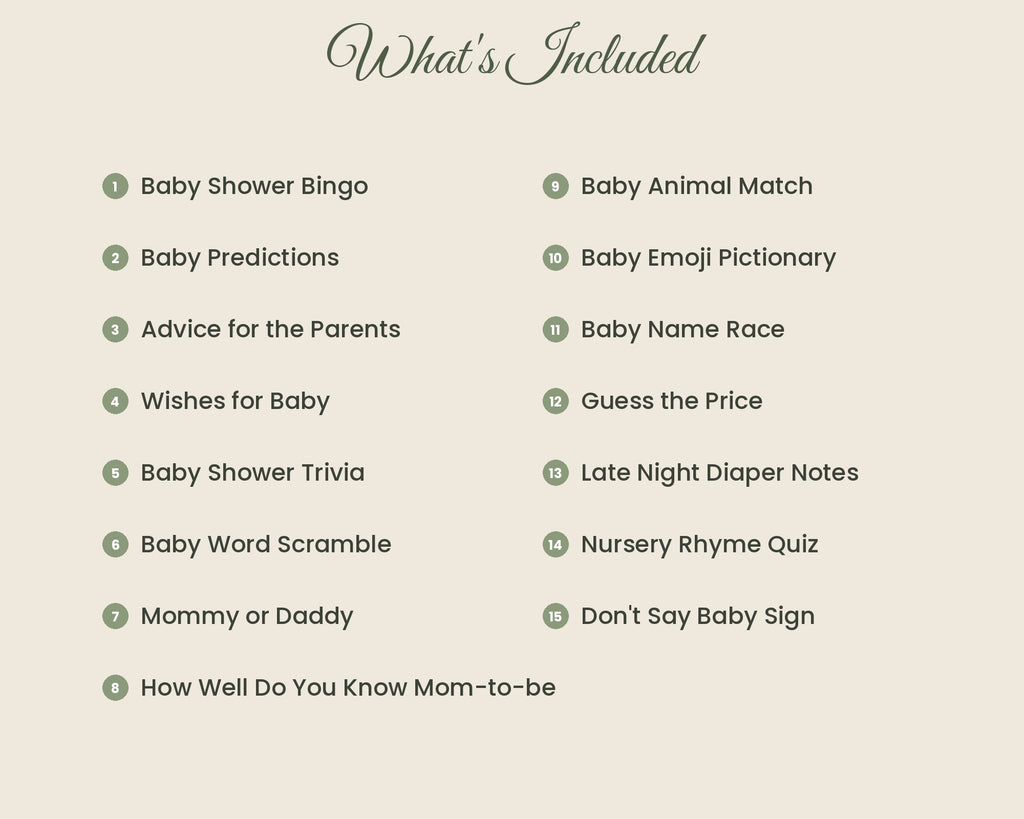 Greenery Baby Shower Party Set – Fillable Invitation + 15 Printable Games (Sage Green)