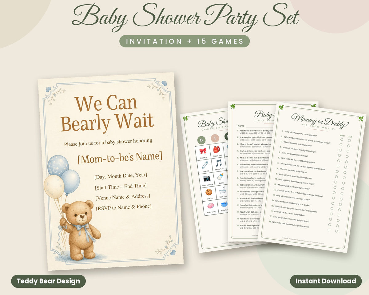 Teddy Bear Baby Shower Party Set – Fillable Invitation + 15 Printable Games