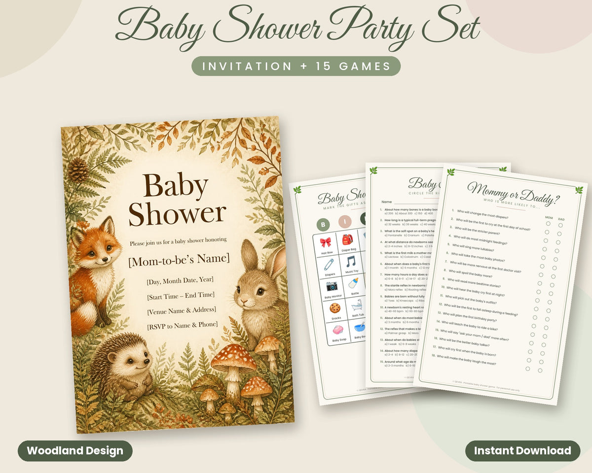 Woodland Baby Shower Party Set – Fillable Invitation + 15 Printable Games