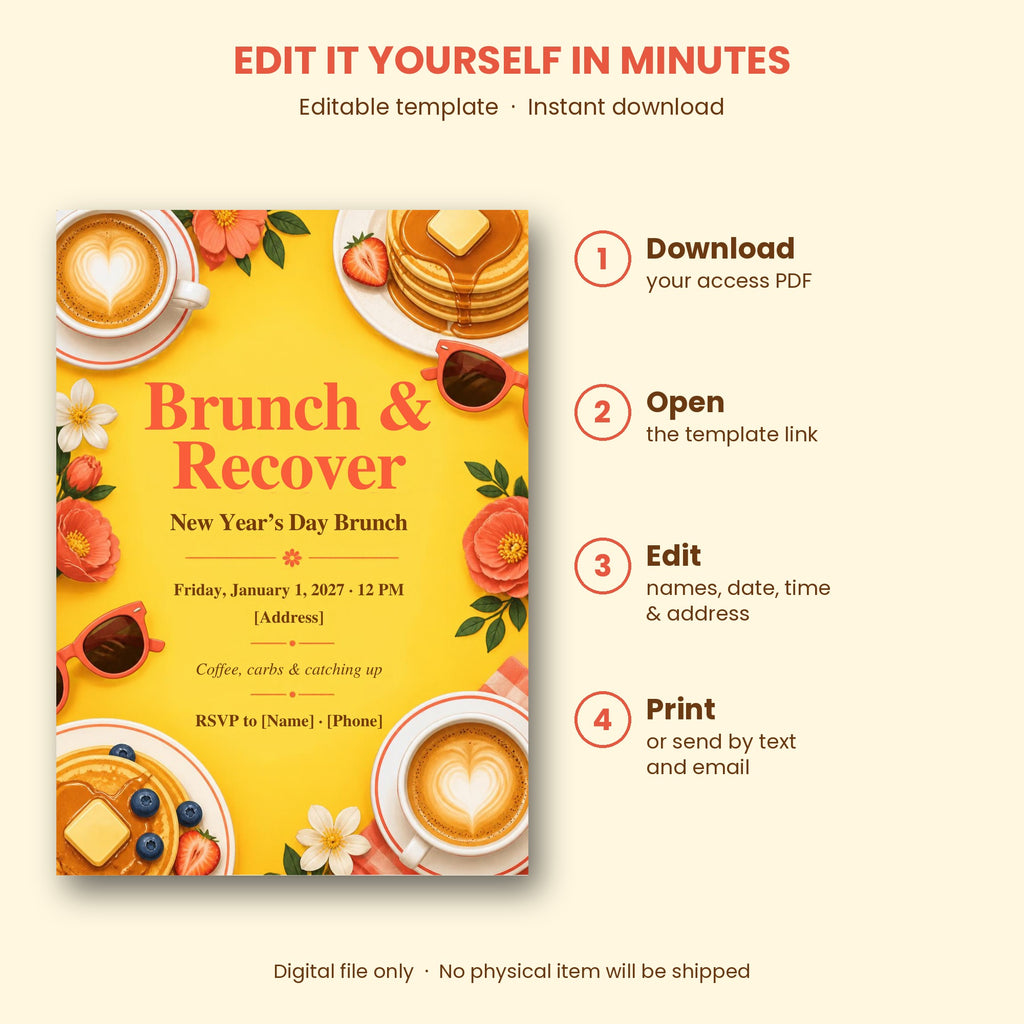 Brunch & Recover New Year's Day Brunch Invitation – Editable Canva Template