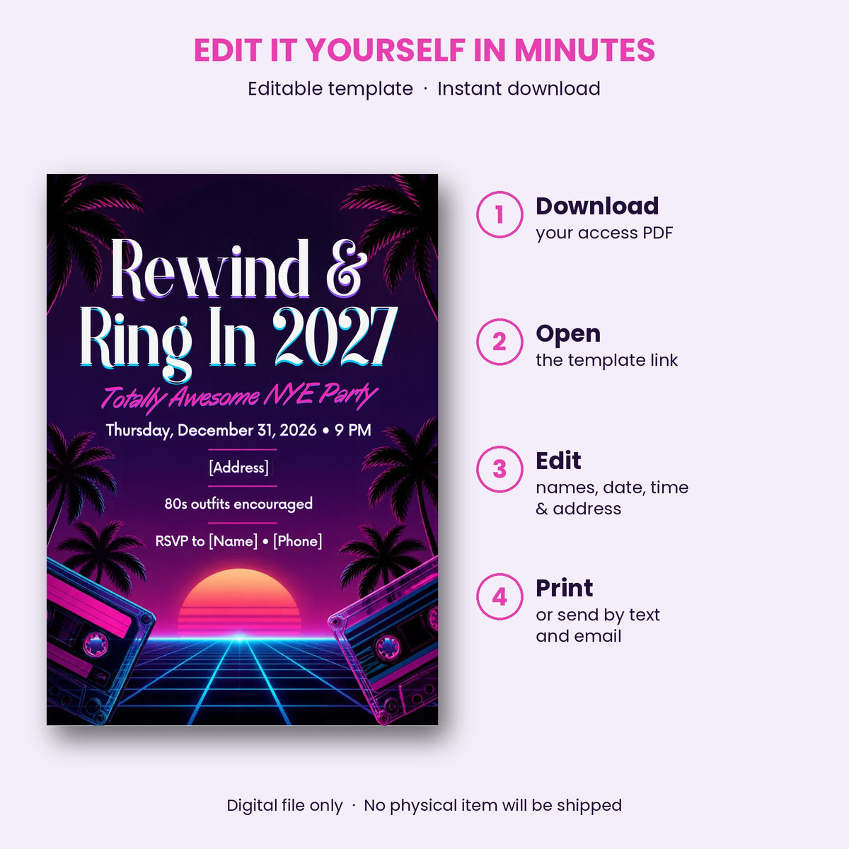 Retro 80s "Rewind & Ring In 2027" New Year's Eve Party Invitation – Editable Canva Template