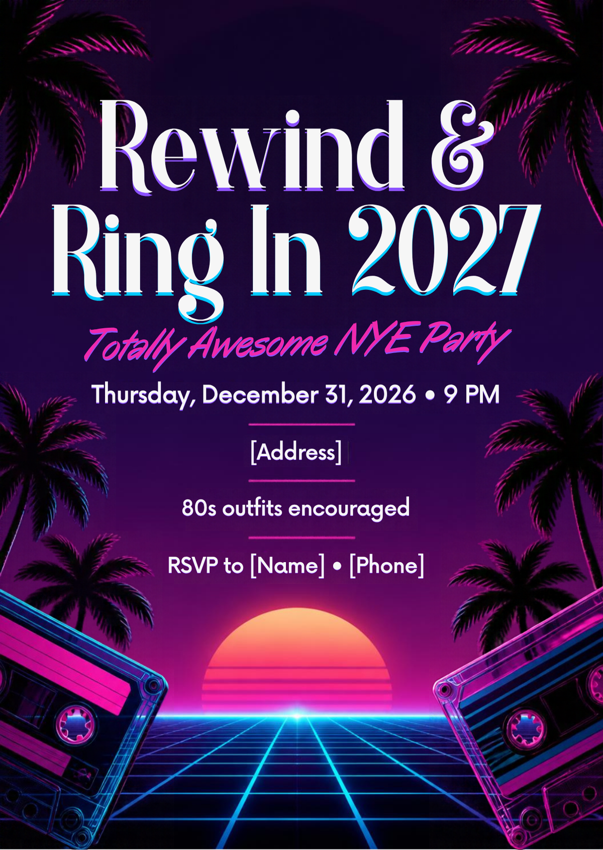 Retro 80s "Rewind & Ring In 2027" New Year's Eve Party Invitation – Editable Canva Template