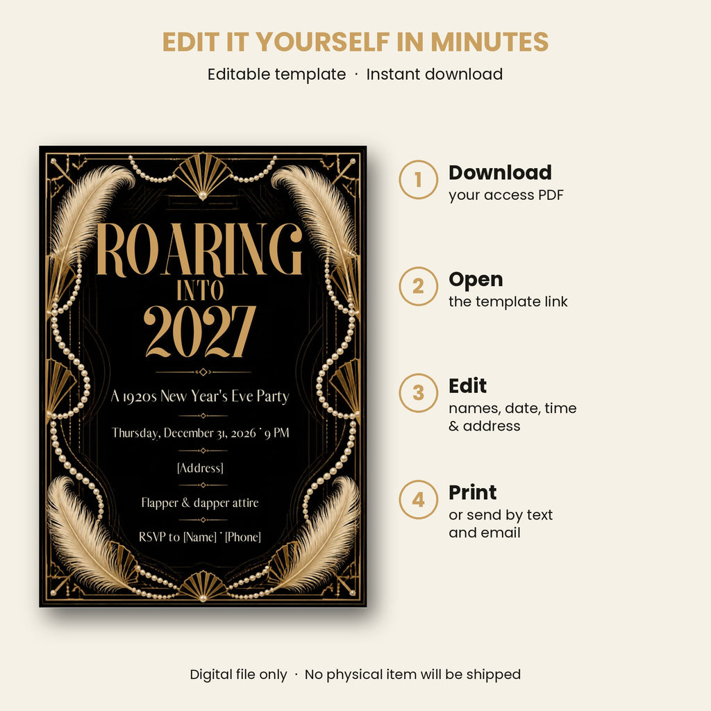 Roaring Into 2027 – 1920s New Year's Eve Party Invitation – Editable Canva Template