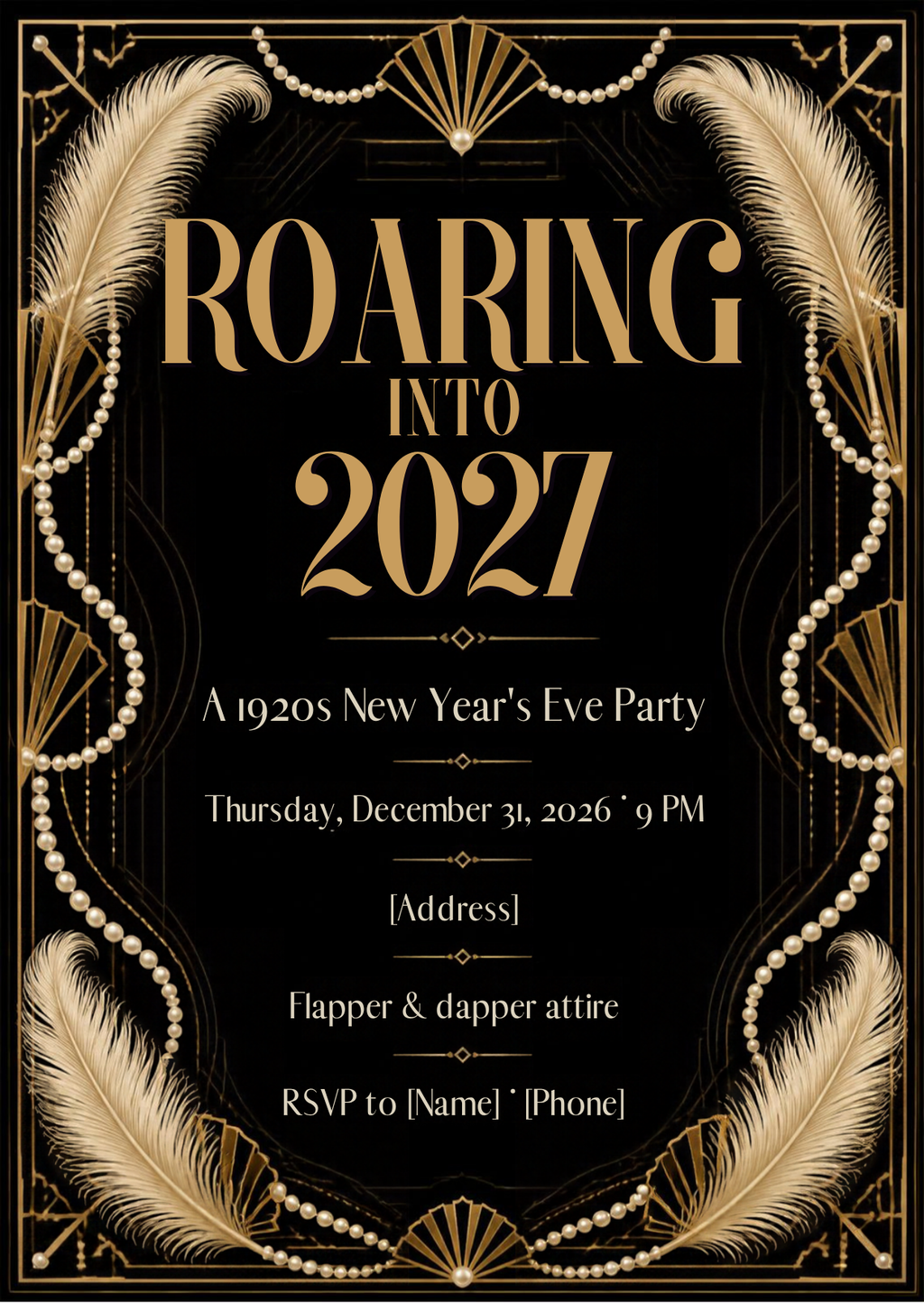 Roaring Into 2027 – 1920s New Year's Eve Party Invitation – Editable Canva Template