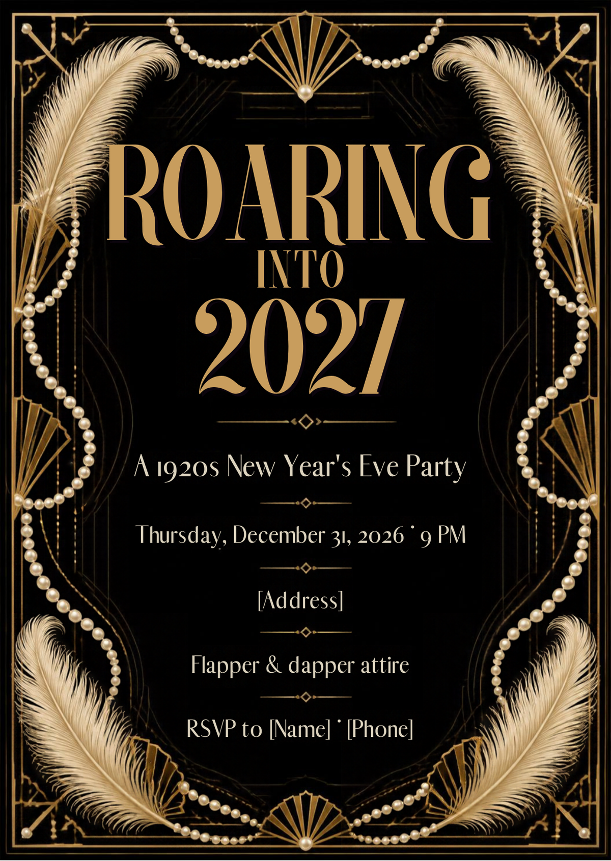 Roaring Into 2027 – 1920s New Year's Eve Party Invitation – Editable Canva Template