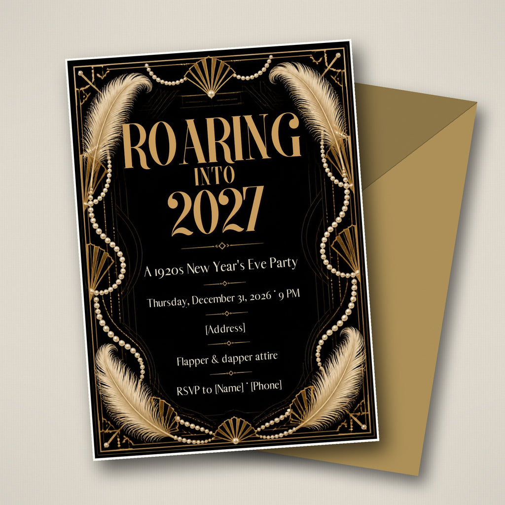 Roaring Into 2027 – 1920s New Year's Eve Party Invitation – Editable Canva Template