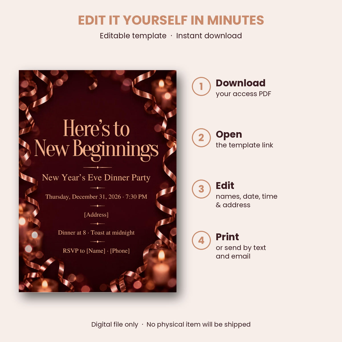 Burgundy & Rose Gold "New Beginnings" New Year's Eve Dinner Invitation – Editable Canva Template