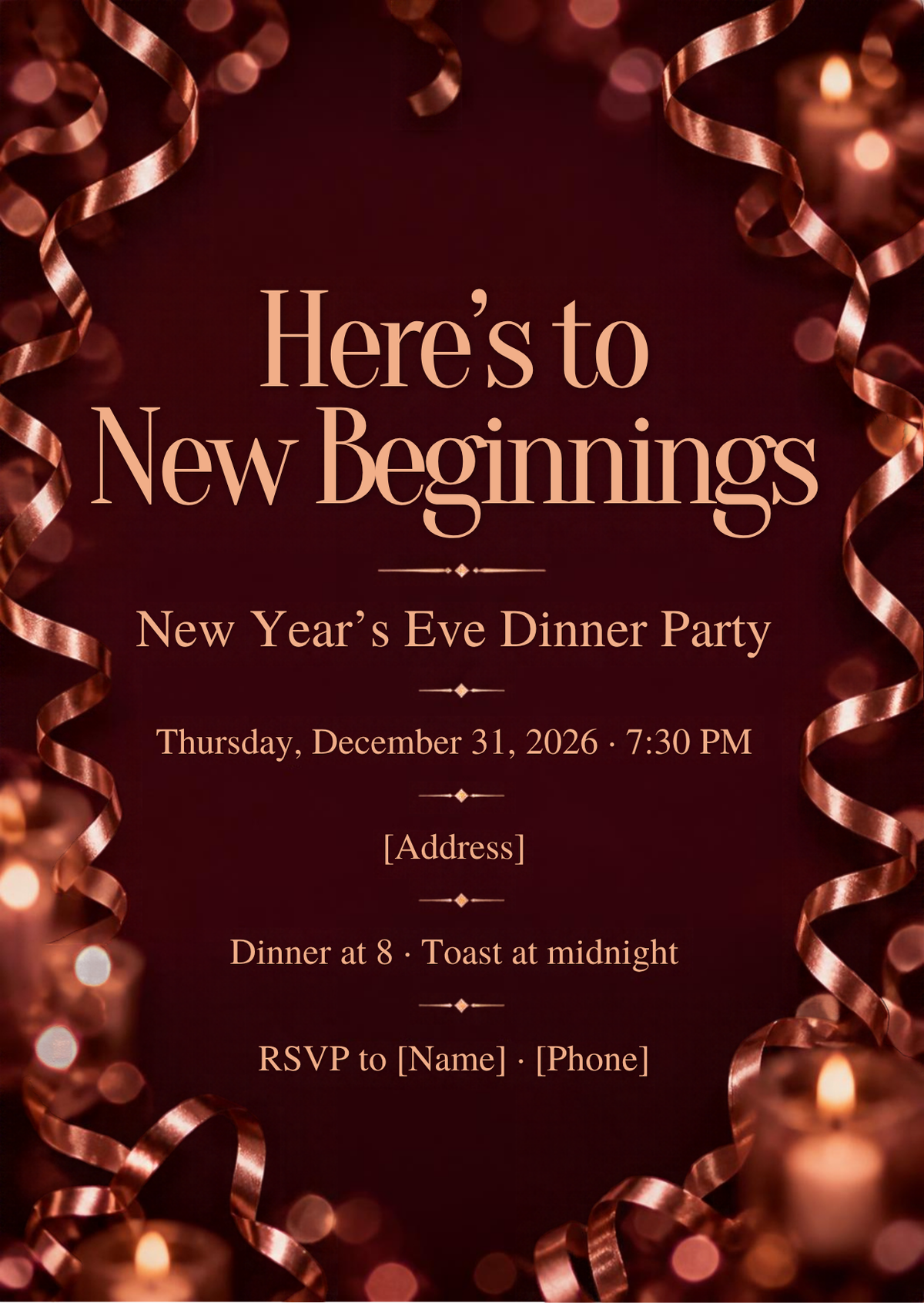 Burgundy & Rose Gold "New Beginnings" New Year's Eve Dinner Invitation – Editable Canva Template
