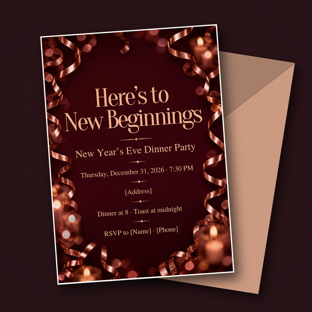 Burgundy & Rose Gold "New Beginnings" New Year's Eve Dinner Invitation – Editable Canva Template