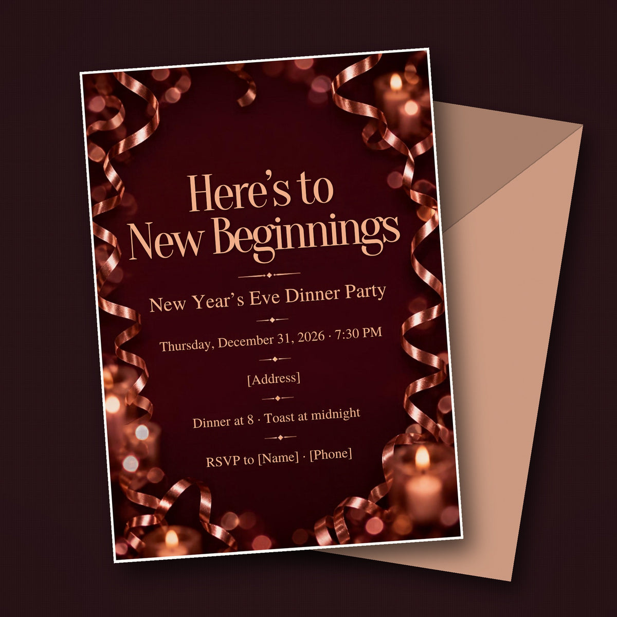 Burgundy & Rose Gold "New Beginnings" New Year's Eve Dinner Invitation – Editable Canva Template