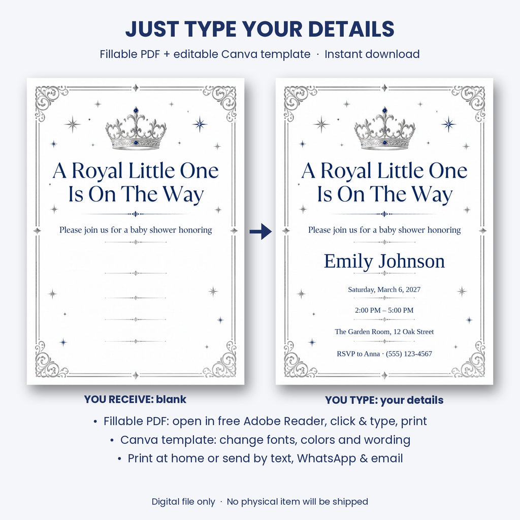 Royal Baby Boy Baby Shower Invitation – Fillable PDF & Editable Canva Template