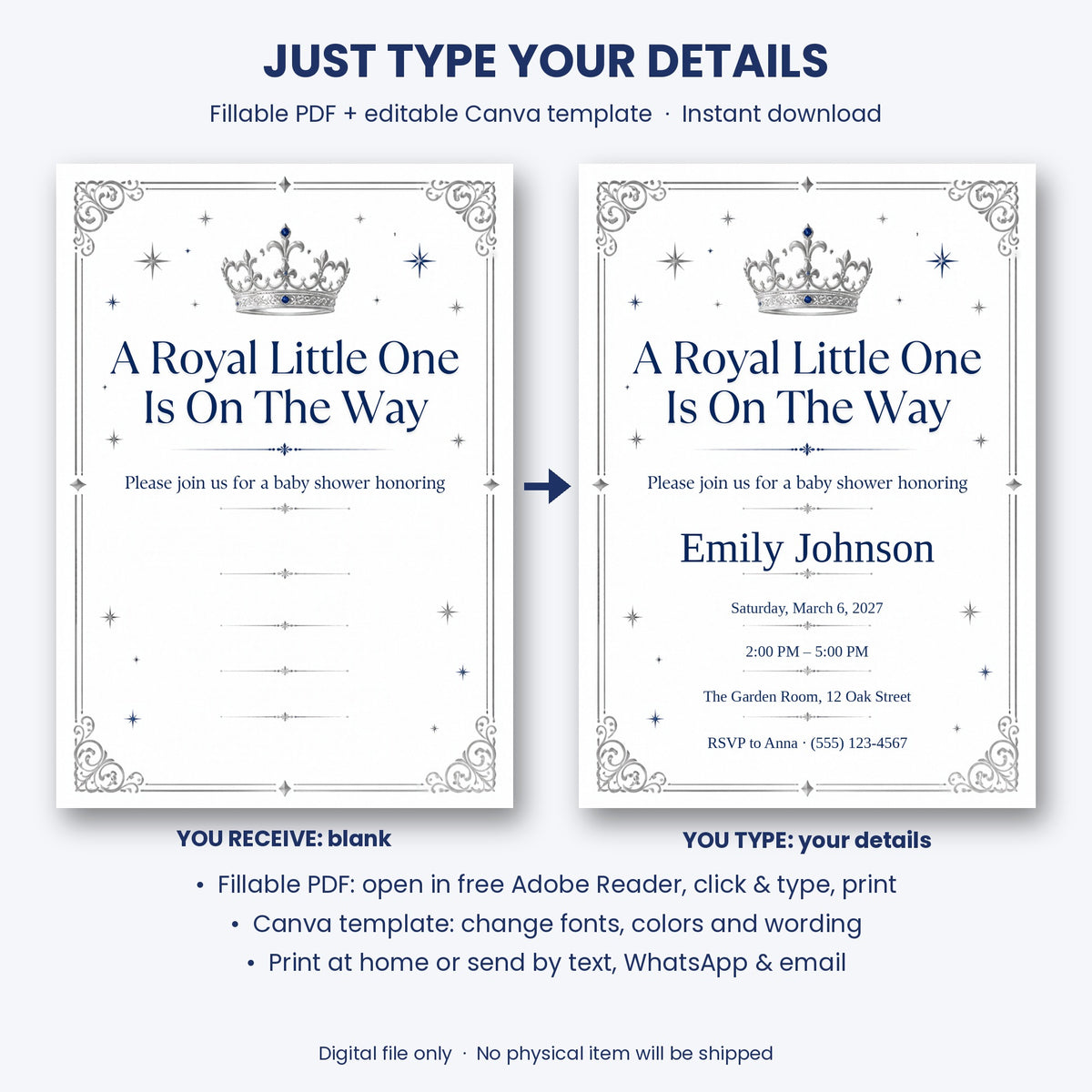 Royal Baby Boy Baby Shower Invitation – Fillable PDF & Editable Canva Template
