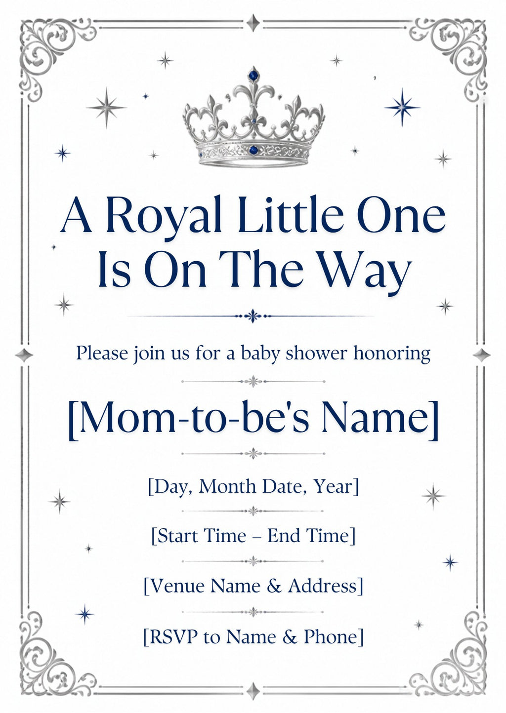 Royal Baby Boy Baby Shower Invitation – Fillable PDF & Editable Canva Template
