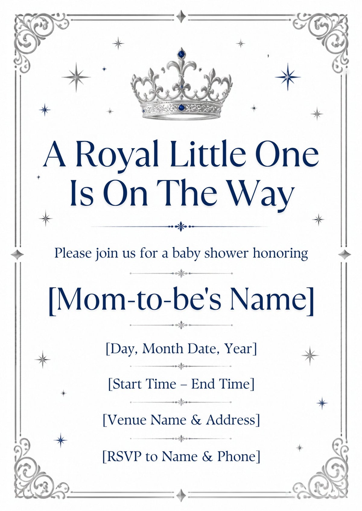 Royal Baby Boy Baby Shower Invitation – Fillable PDF & Editable Canva Template