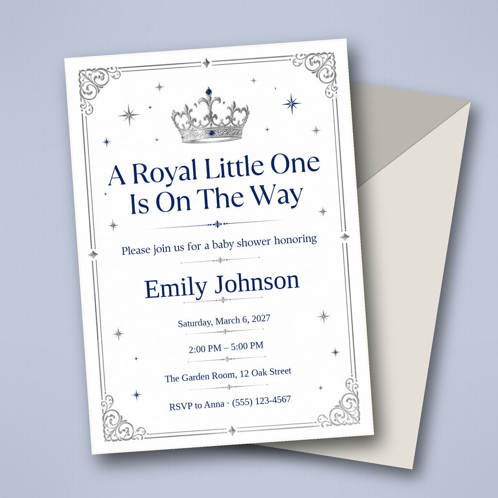 Royal Baby Boy Baby Shower Invitation – Fillable PDF & Editable Canva Template