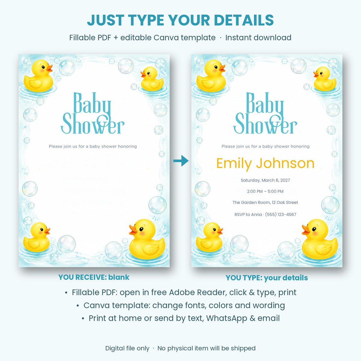 Rubber Duck Baby Shower Invitation – Fillable PDF & Editable Canva Template