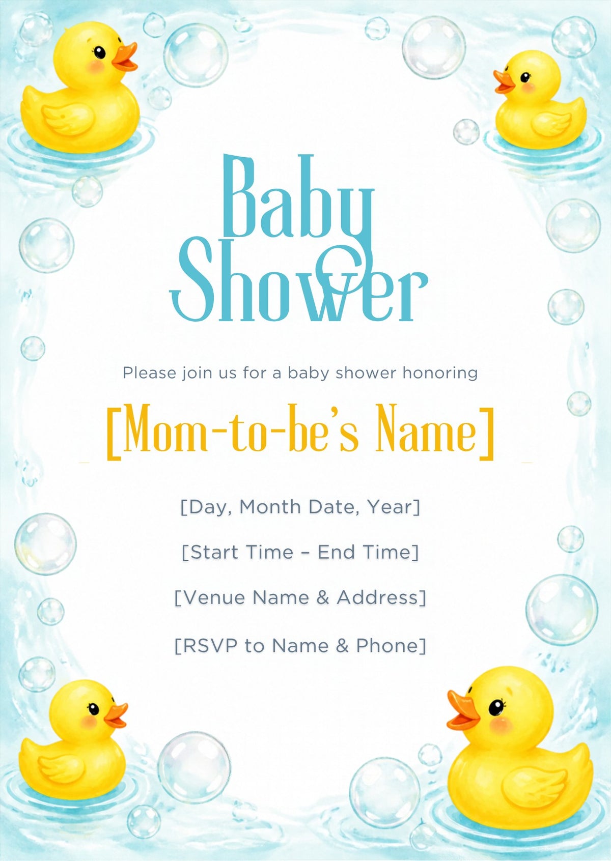 Rubber Duck Baby Shower Invitation – Fillable PDF & Editable Canva Template