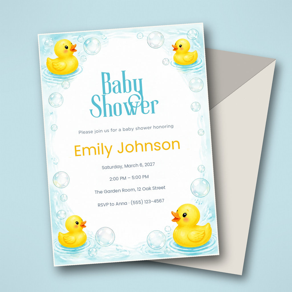 Rubber Duck Baby Shower Invitation – Fillable PDF & Editable Canva Template