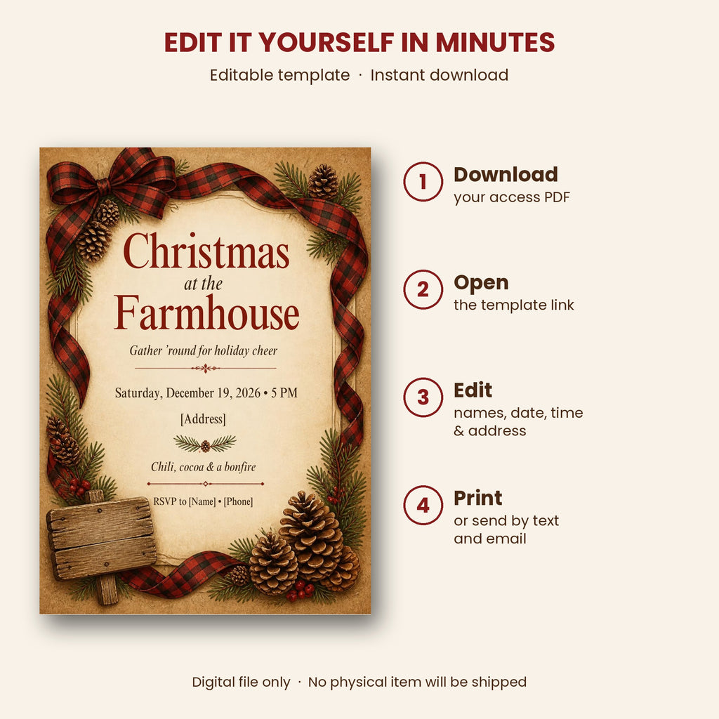 Rustic Farmhouse Christmas Party Invitation – Editable Canva Template
