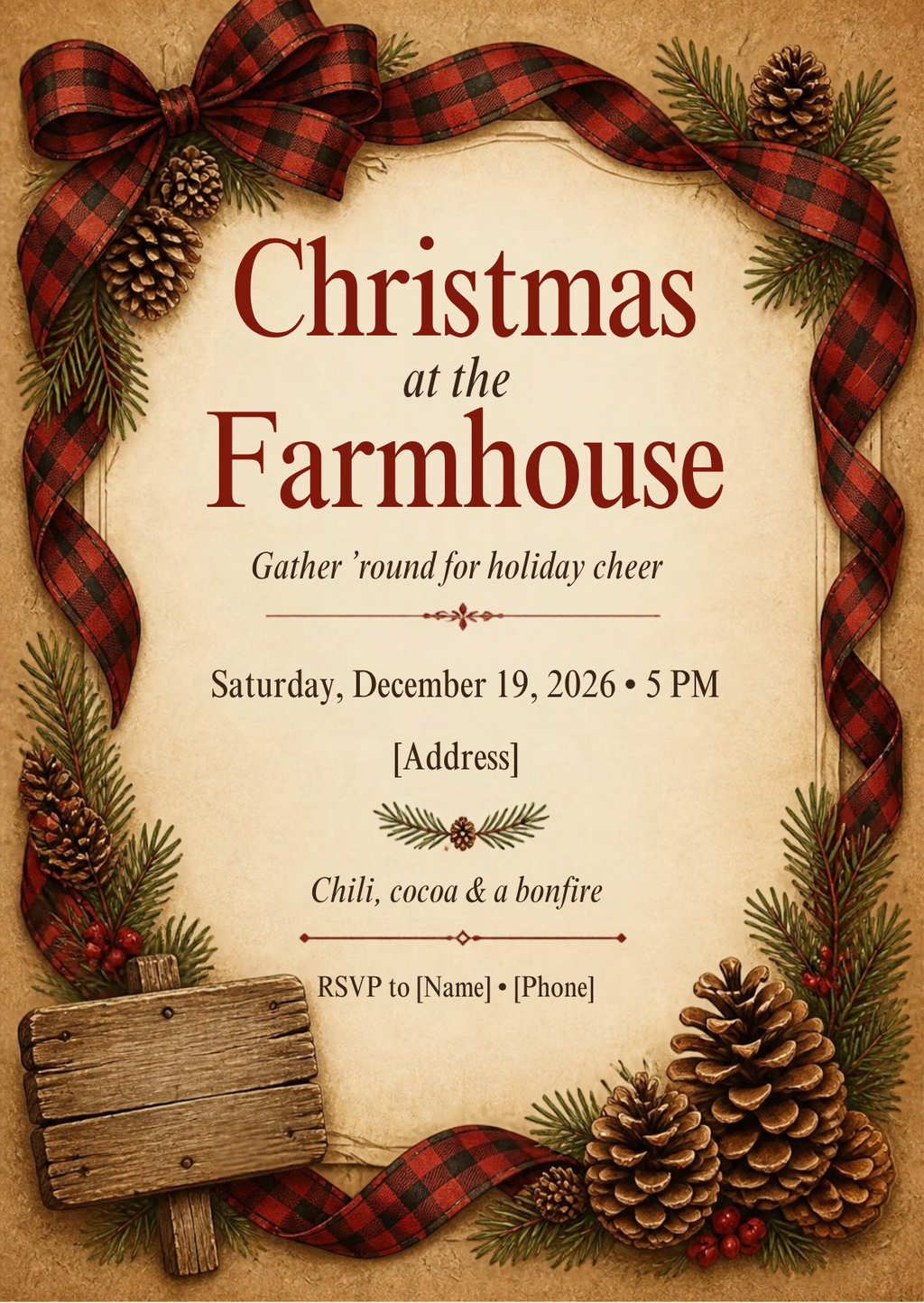 Rustic Farmhouse Christmas Party Invitation – Editable Canva Template