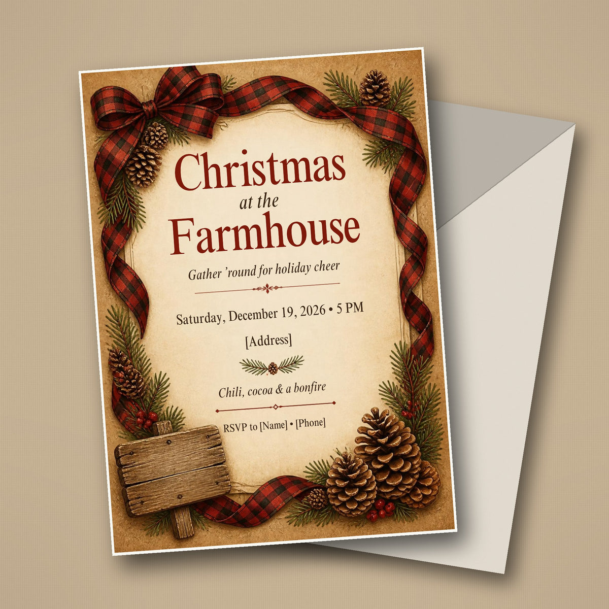 Rustic Farmhouse Christmas Party Invitation – Editable Canva Template