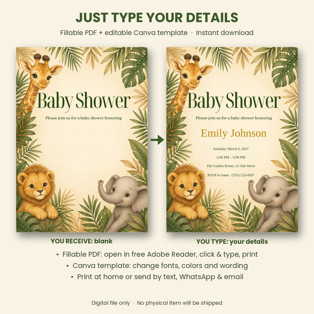 Safari Baby Shower Invitation – Fillable PDF & Editable Canva Template