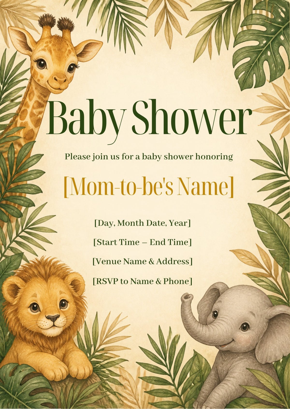 Safari Baby Shower Invitation – Fillable PDF & Editable Canva Template