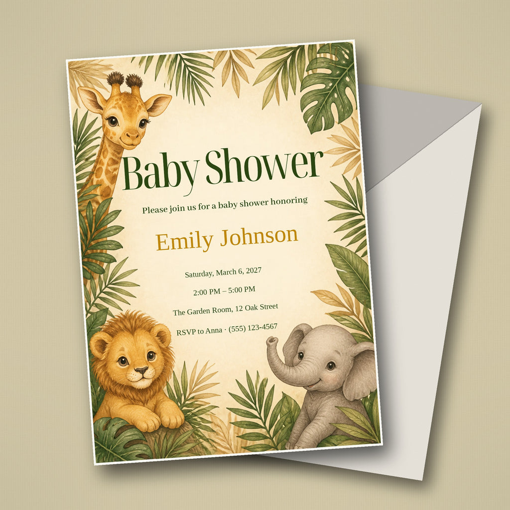 Safari Baby Shower Invitation – Fillable PDF & Editable Canva Template