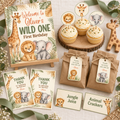 Wild One first birthday party kit mockup – safari welcome sign, thank-you cards, cupcake toppers, food labels and favor tags