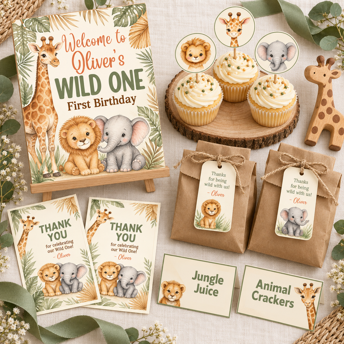 Wild One first birthday party kit mockup – safari welcome sign, thank-you cards, cupcake toppers, food labels and favor tags