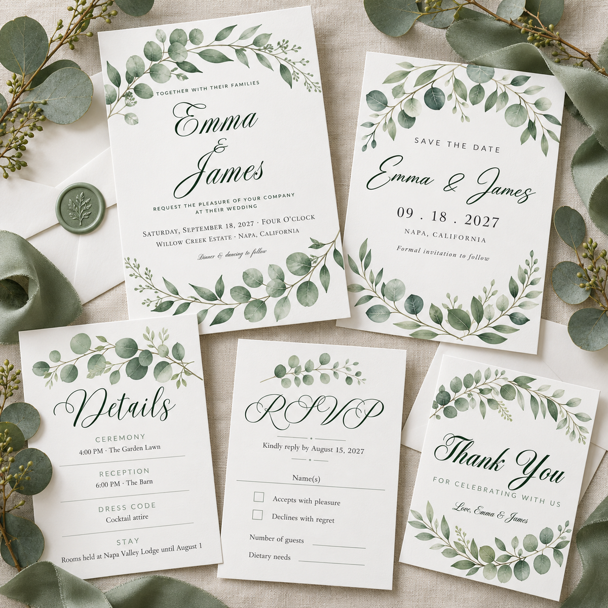 Sage eucalyptus greenery wedding invitation suite mockup – invitation, save the date, details, RSVP and thank you cards