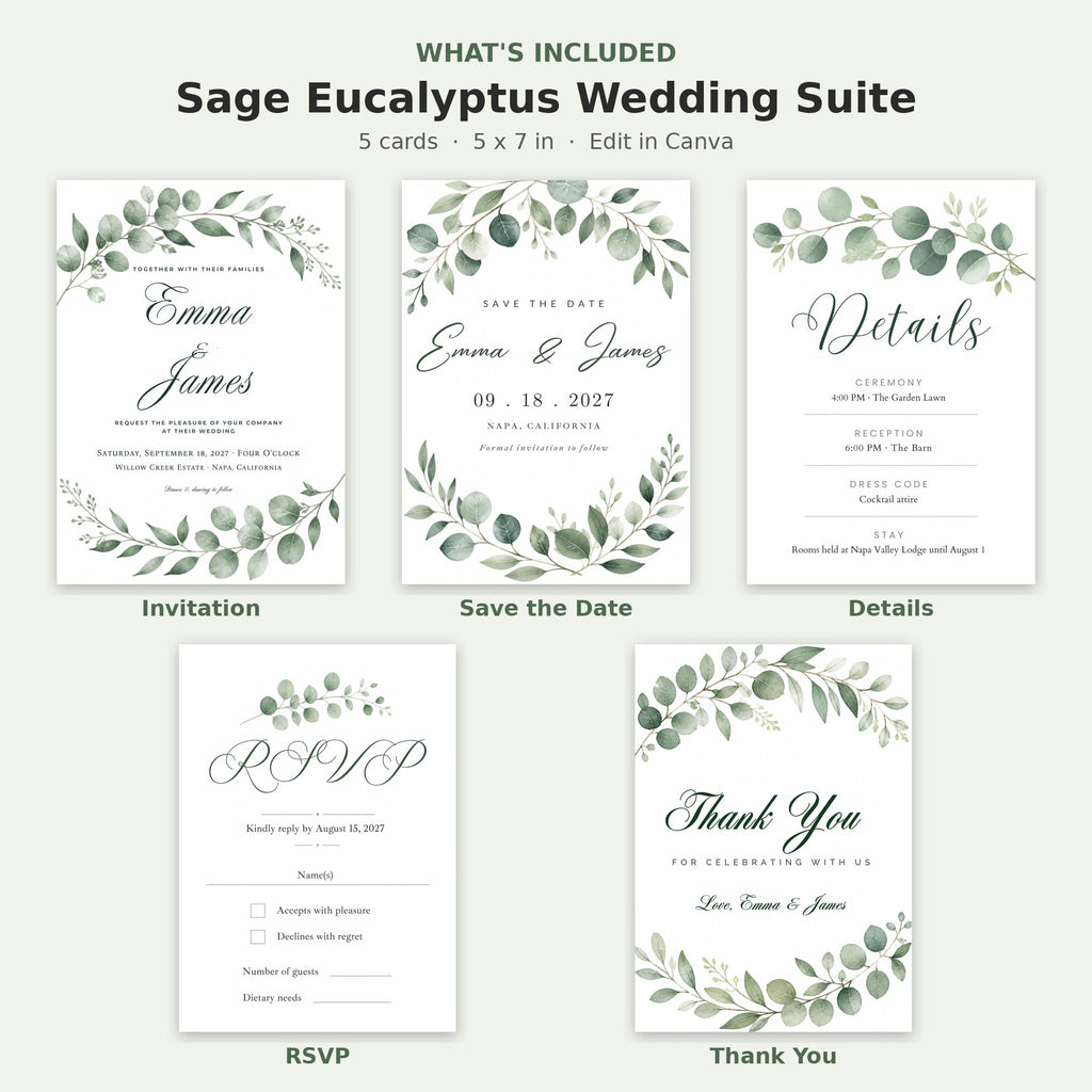 What's included in the Sage Eucalyptus wedding suite – 5 matching editable 5x7 greenery cards