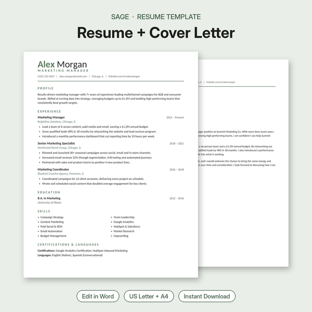 Sage resume template and cover letter – minimal modern editable Word resume with sage green accents