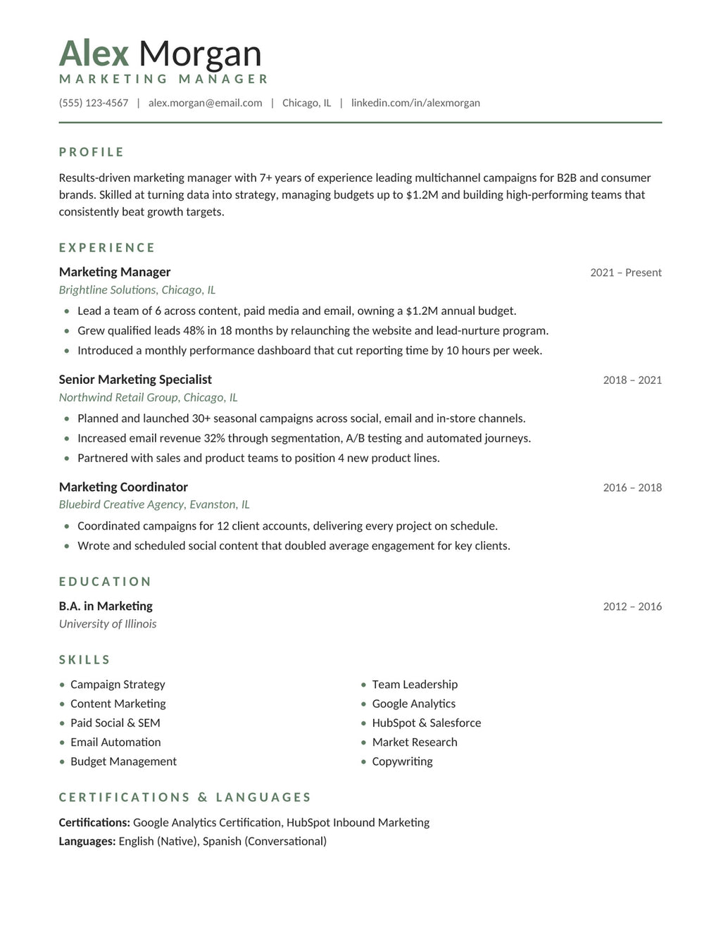 Sage one-page minimal resume template, ATS-friendly single column