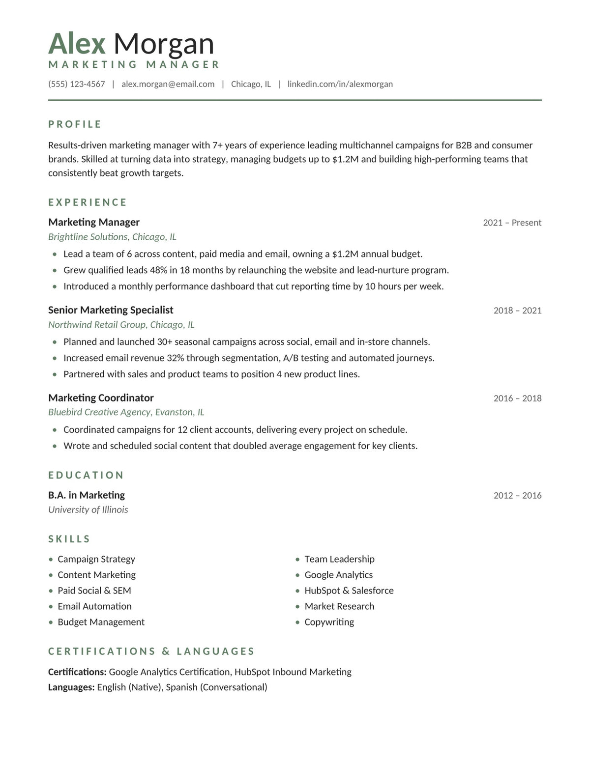 Sage one-page minimal resume template, ATS-friendly single column