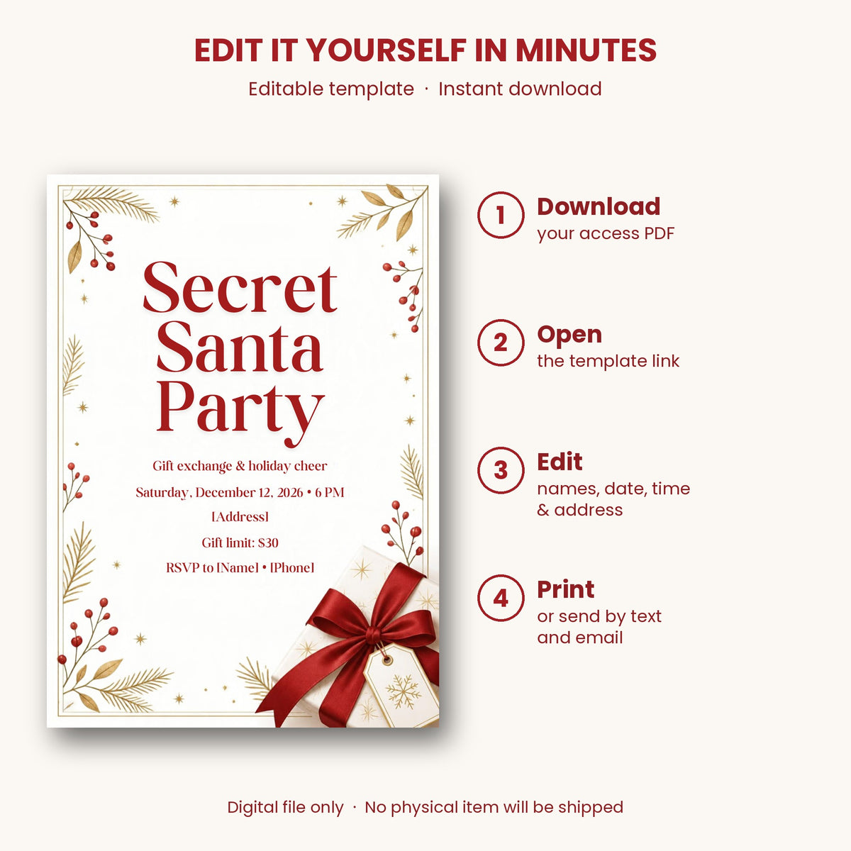 Secret Santa Christmas Party Invitation – Editable Canva Template