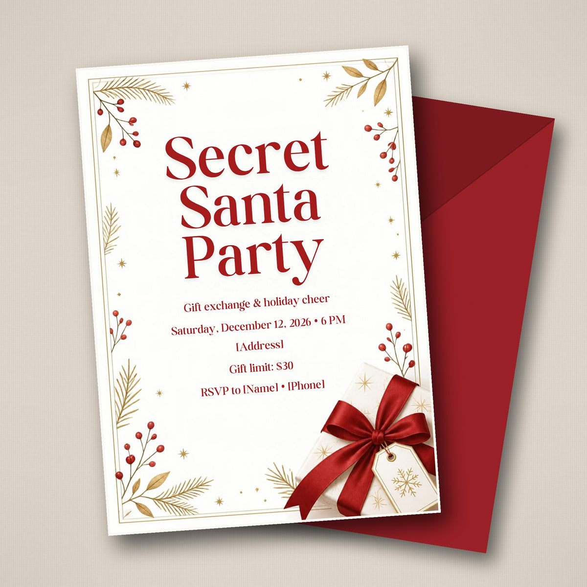 Secret Santa Christmas Party Invitation – Editable Canva Template