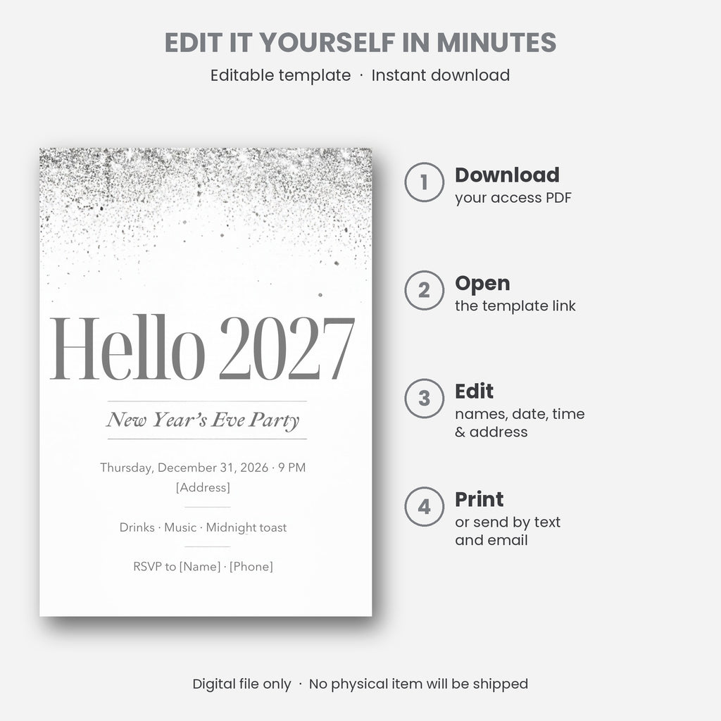 Silver Sparkle "Hello 2027" New Year's Eve Party Invitation – Editable Canva Template
