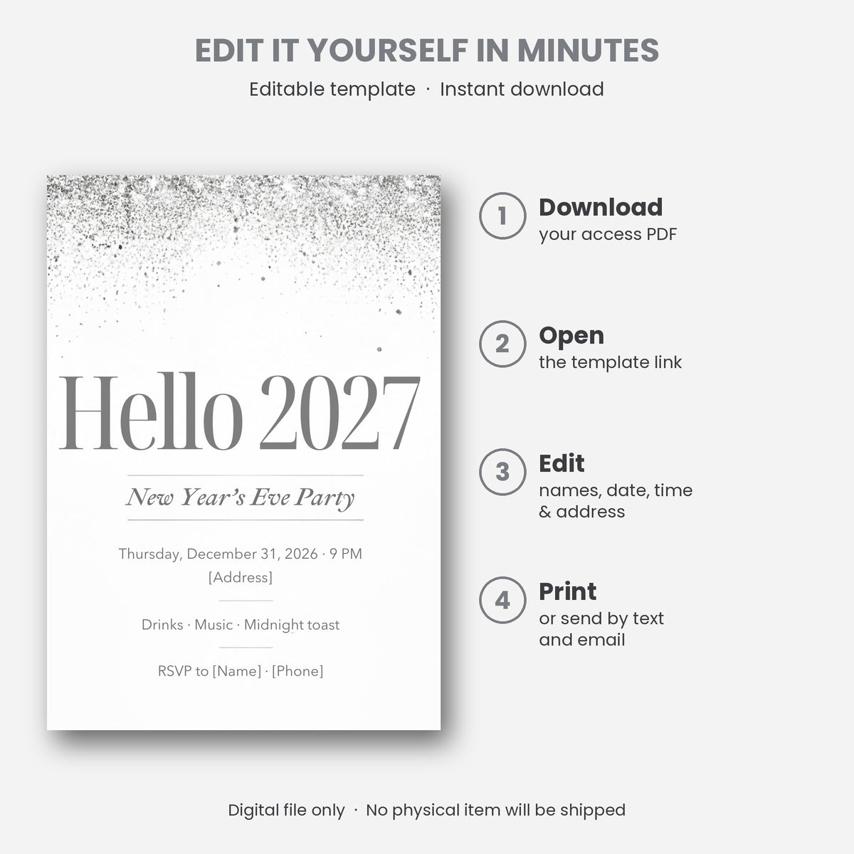 Silver Sparkle "Hello 2027" New Year's Eve Party Invitation – Editable Canva Template