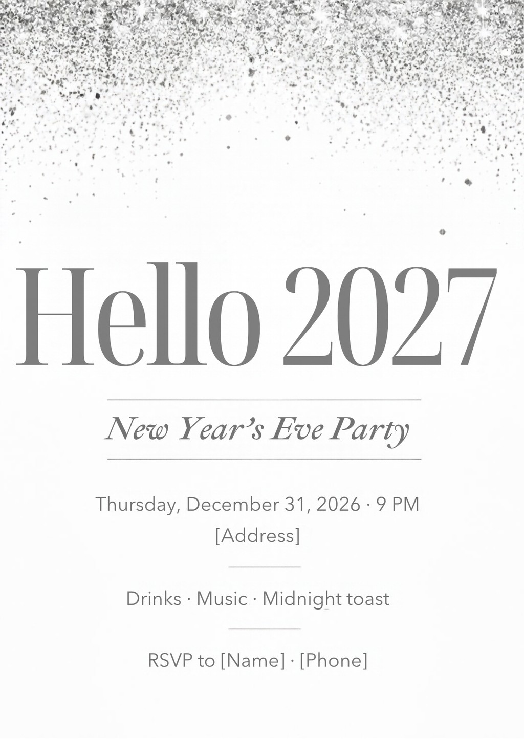 Silver Sparkle "Hello 2027" New Year's Eve Party Invitation – Editable Canva Template