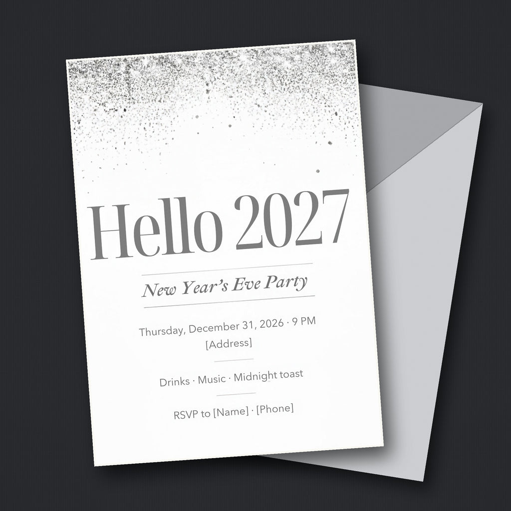 Silver Sparkle "Hello 2027" New Year's Eve Party Invitation – Editable Canva Template