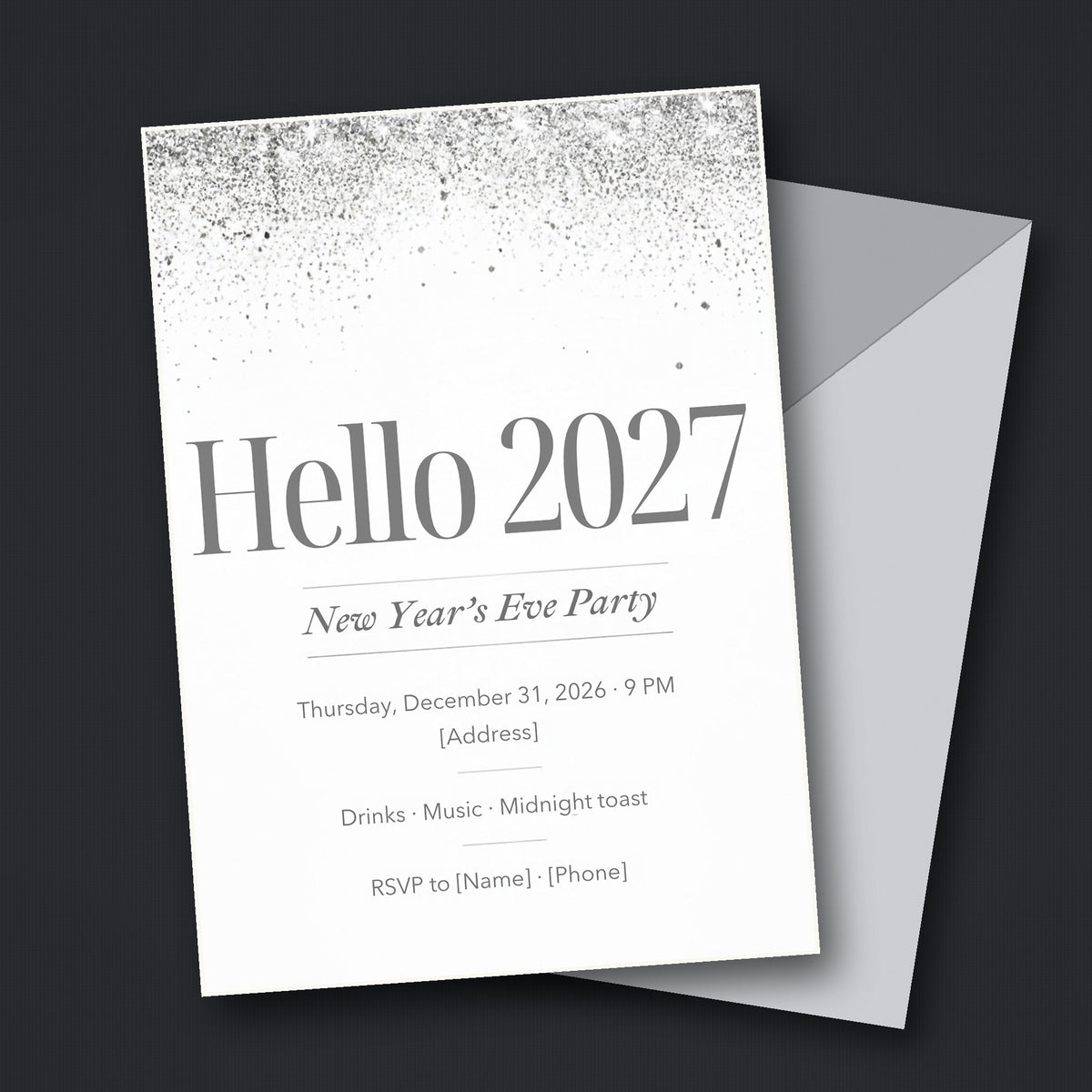 Silver Sparkle "Hello 2027" New Year's Eve Party Invitation – Editable Canva Template