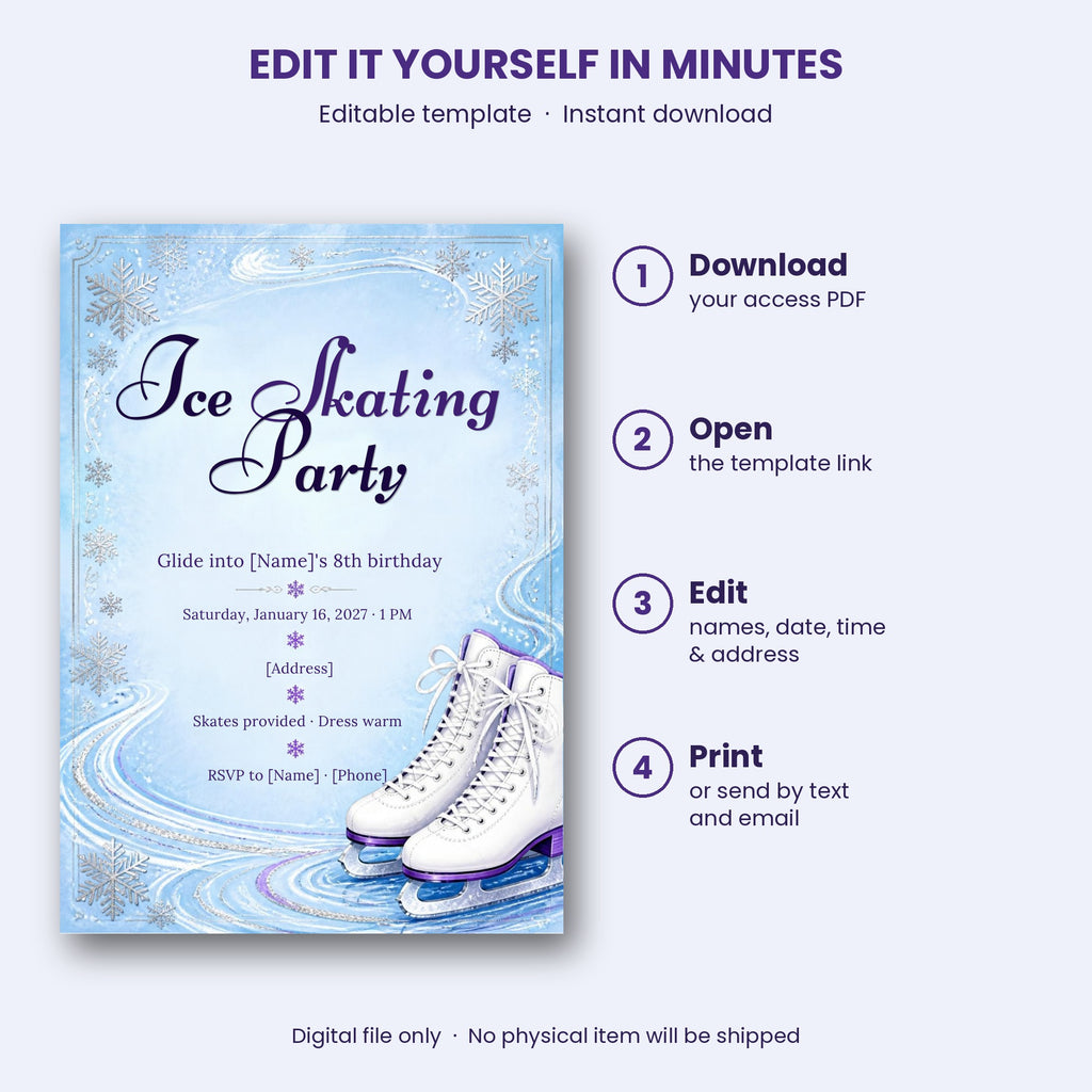Ice Skating Birthday Party Invitation – Editable Canva Template
