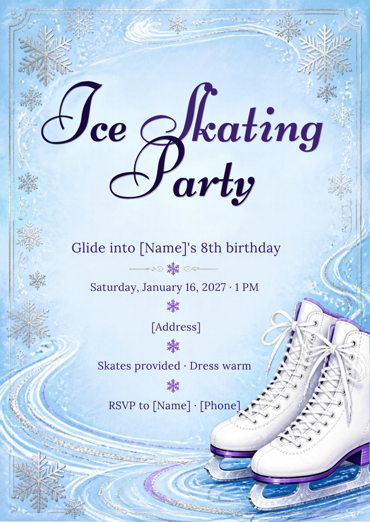 Ice Skating Birthday Party Invitation – Editable Canva Template