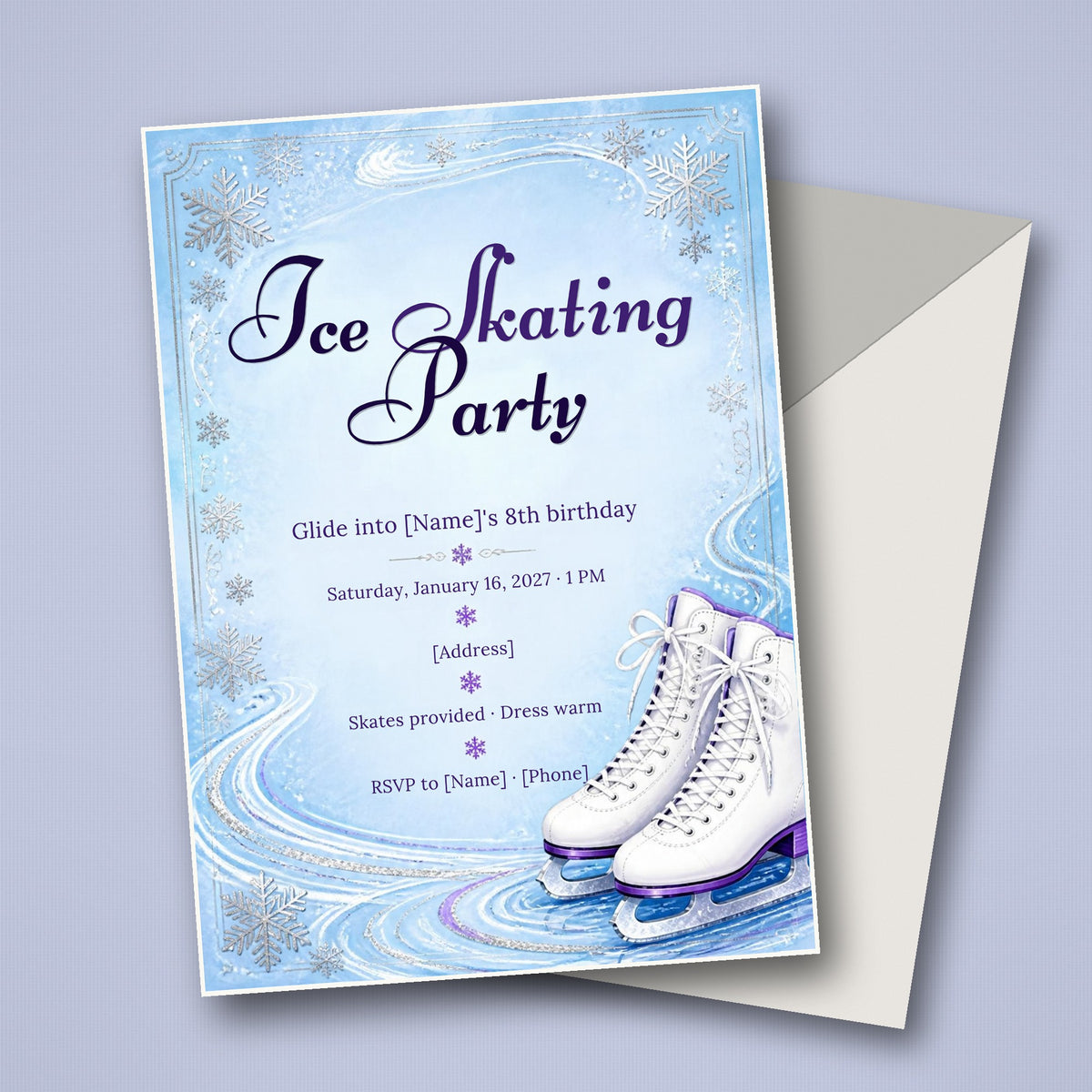 Ice Skating Birthday Party Invitation – Editable Canva Template
