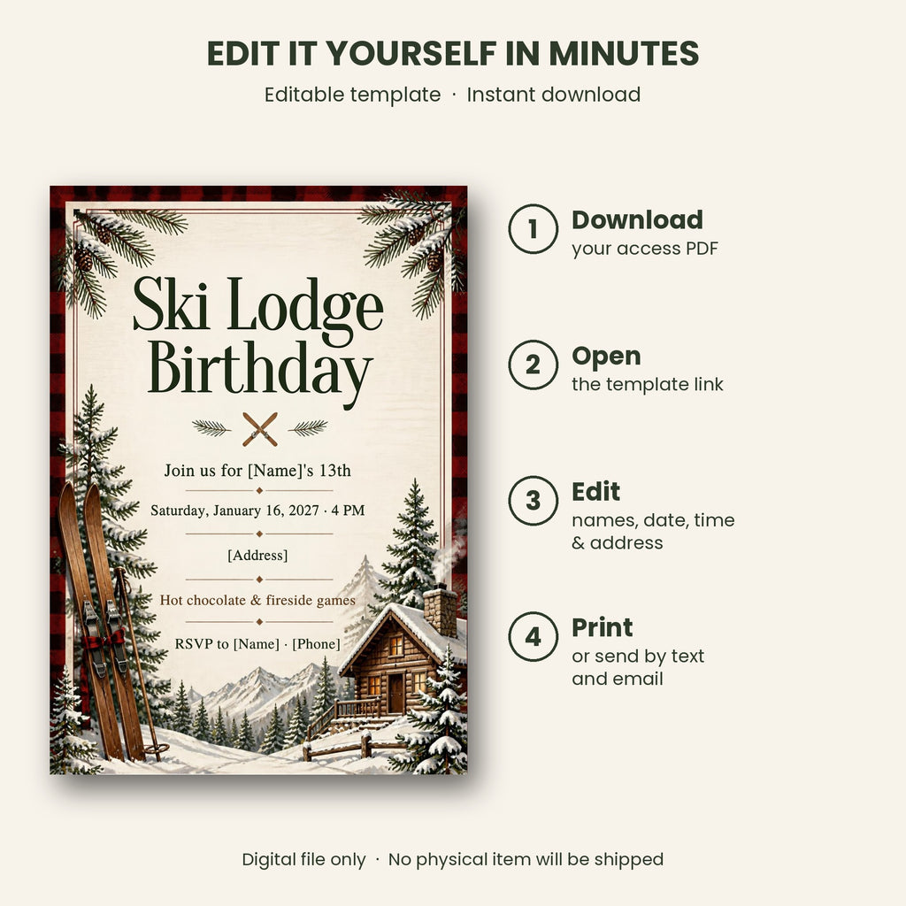 Ski Lodge Birthday Party Invitation – Editable Canva Template