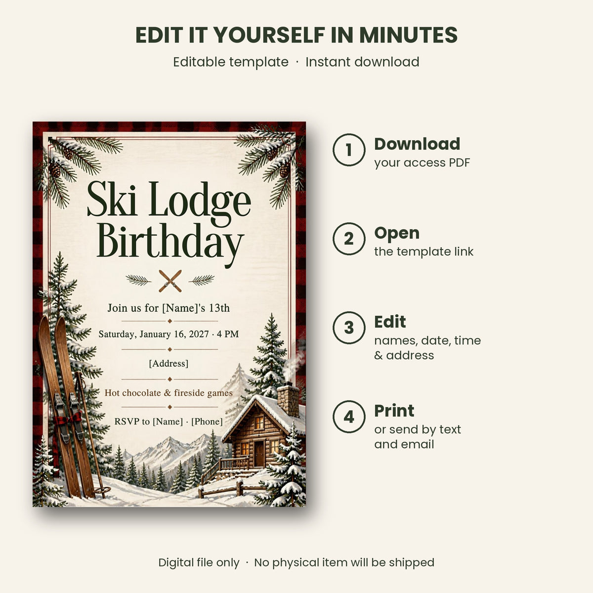 Ski Lodge Birthday Party Invitation – Editable Canva Template